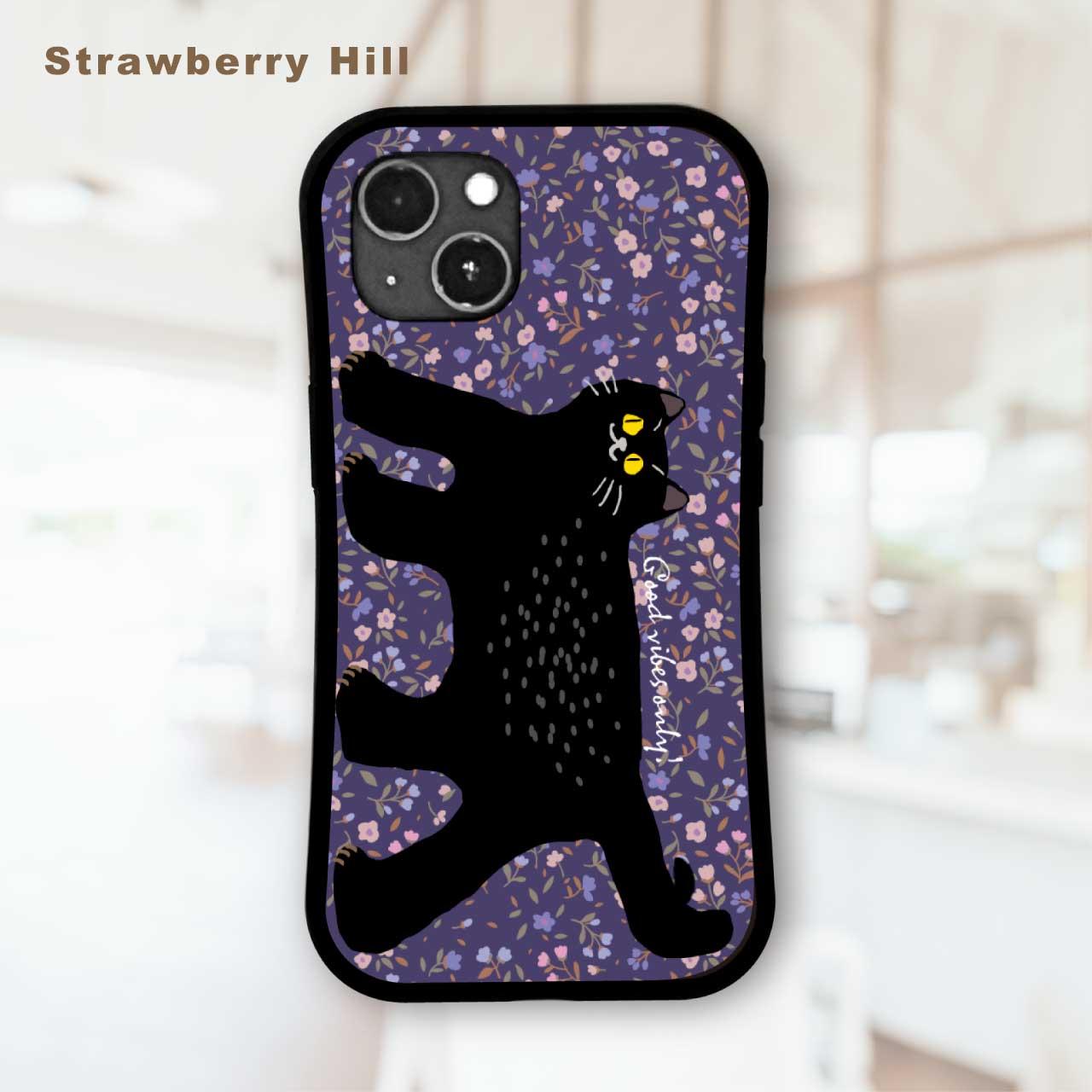 花畑 と 黒猫 イラスト 耐衝撃 グリップケース iPhoneケース1枚目の画像