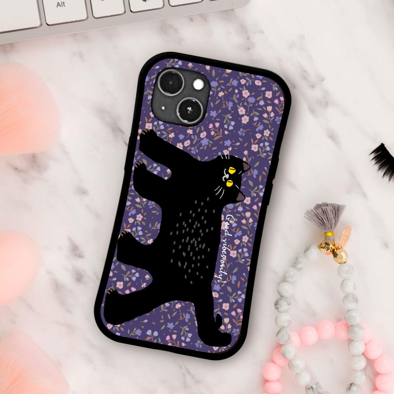 花畑 と 黒猫 イラスト 耐衝撃 グリップケース iPhoneケース | 2枚目
