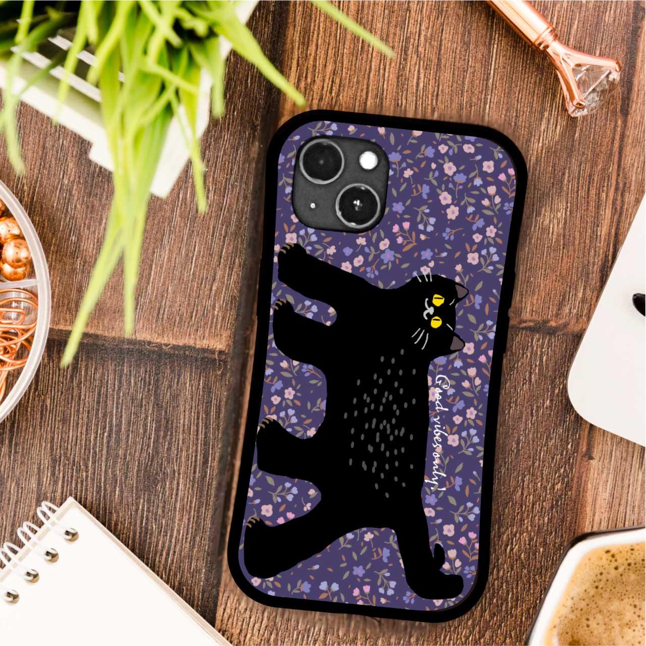 花畑 と 黒猫 イラスト 耐衝撃 グリップケース iPhoneケース | 3枚目